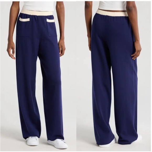 WAYF XS NWOT NAVY AND WHITE KNIT WIDE LEG PANTS - Picture 2 of 12